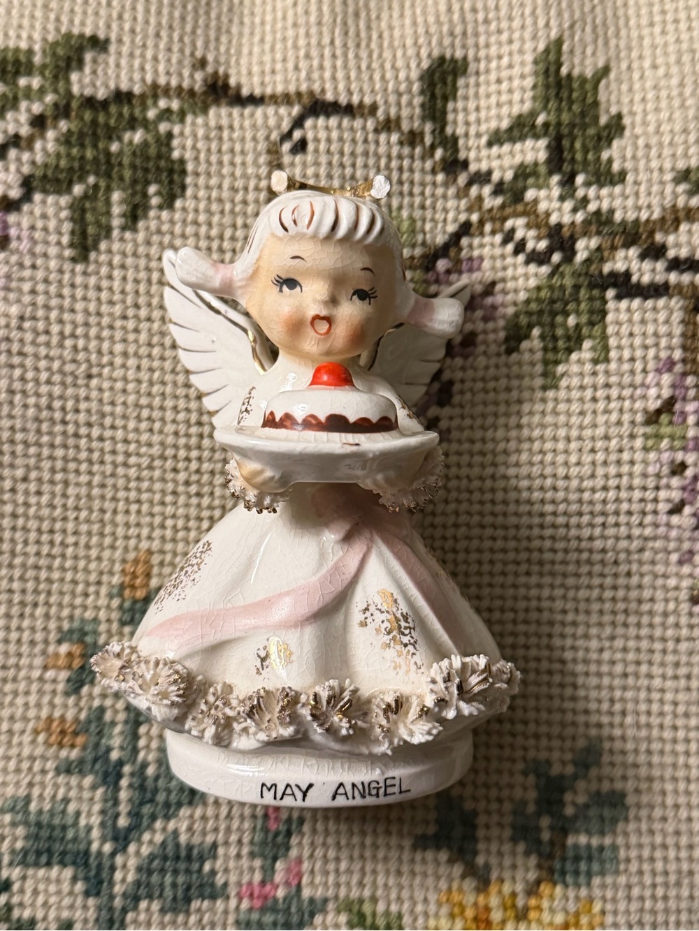Vintage Lefton Birthday of the Month-May Angel porcelain figurine cherry on top